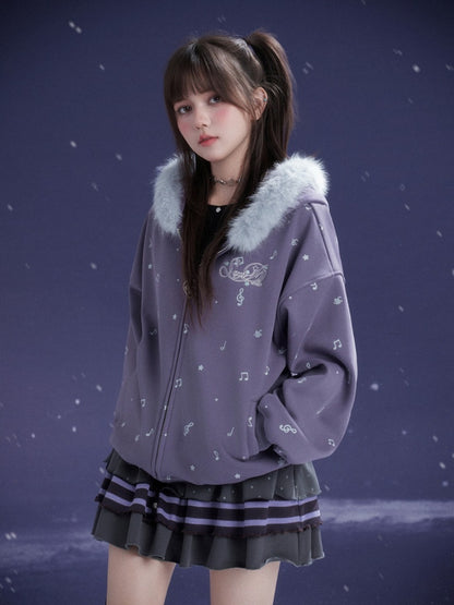 Falling Sound Like Snow Sweet Cool Note Print Fleece Hooded Jacket Fur Collar【s0000014801】