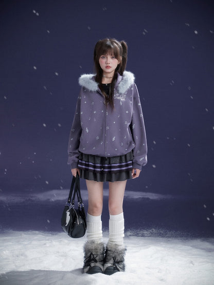 Falling Sound Like Snow Sweet Cool Note Print Fleece Hooded Jacket Fur Collar【s0000014801】