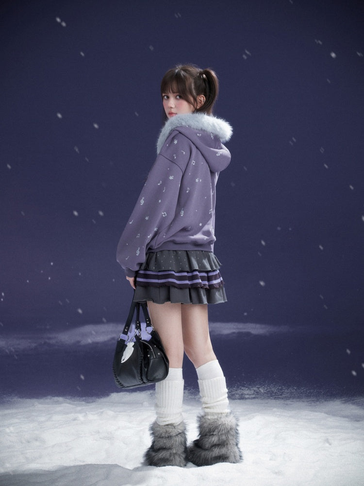 Falling Sound Like Snow Sweet Cool Note Print Fleece Hooded Jacket Fur Collar【s0000014801】