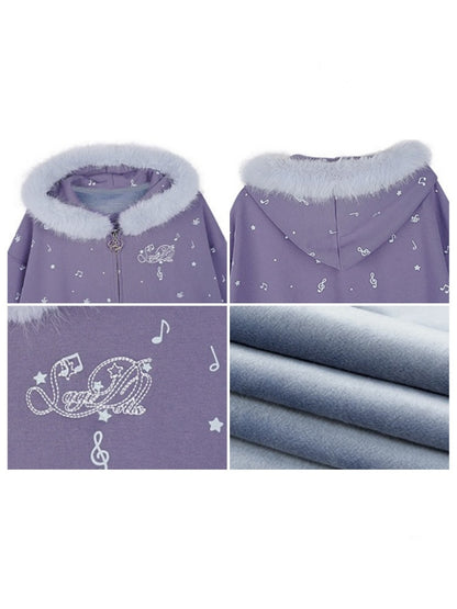 Falling Sound Like Snow Sweet Cool Note Print Fleece Hooded Jacket Fur Collar【s0000014801】