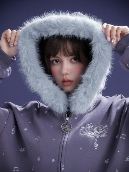 Falling Sound Like Snow Sweet Cool Note Print Fleece Hooded Jacket Fur Collar【s0000014801】