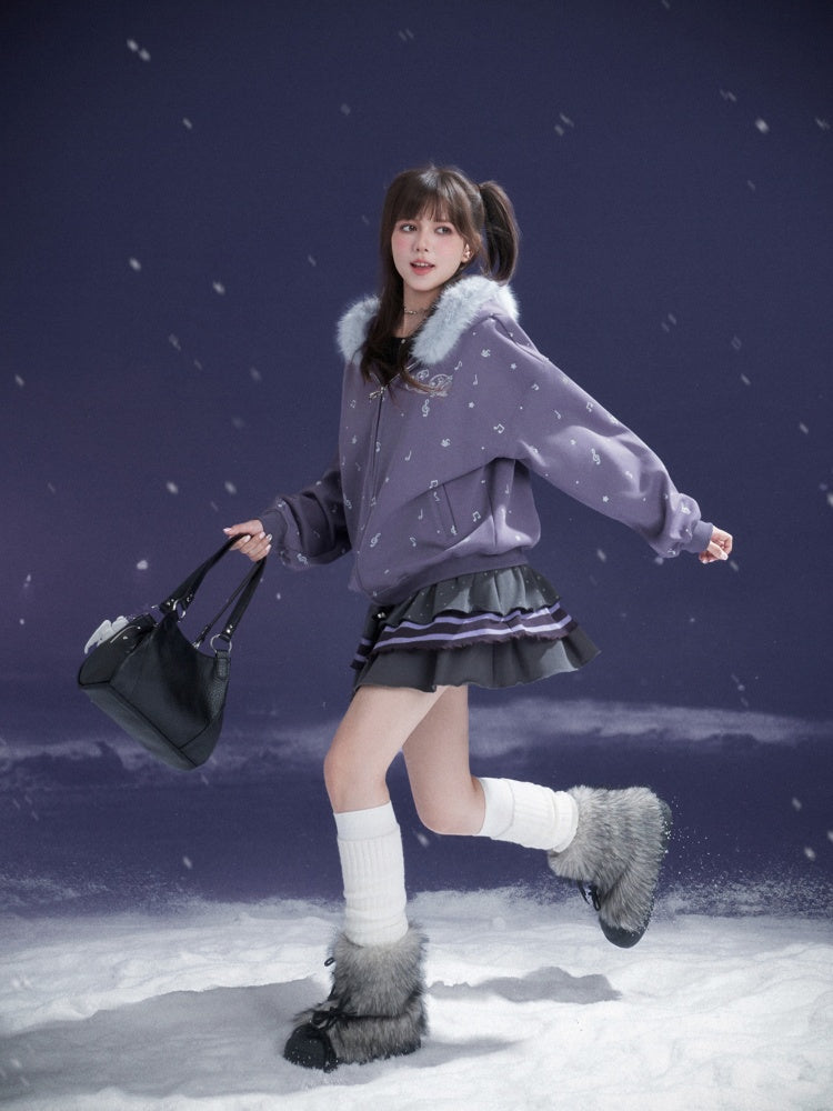 Falling Sound Like Snow Sweet Cool Note Print Fleece Hooded Jacket Fur Collar【s0000014801】