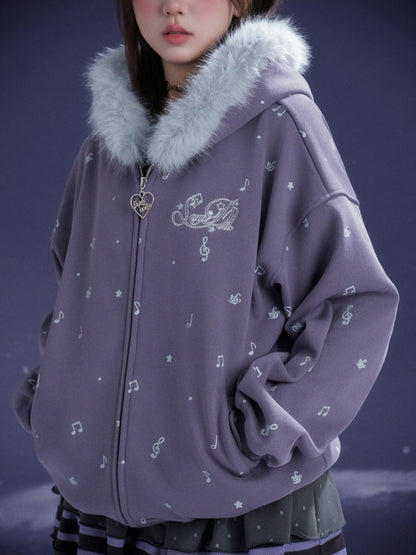 Falling Sound Like Snow Sweet Cool Note Print Fleece Hooded Jacket Fur Collar【s0000014801】