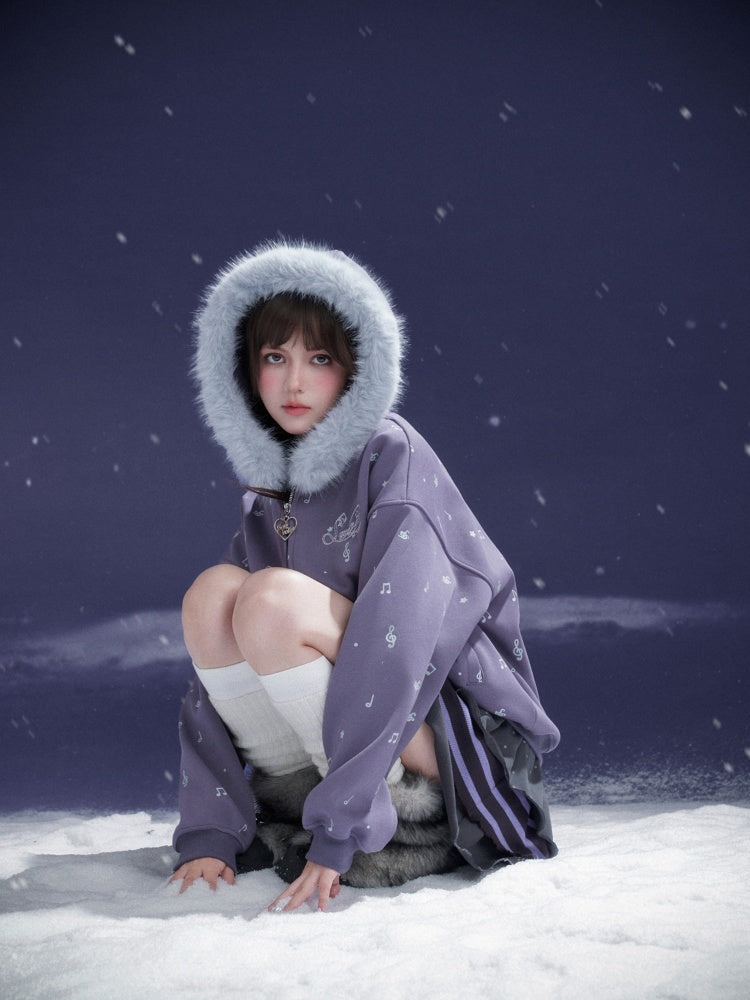 Falling Sound Like Snow Sweet Cool Note Print Fleece Hooded Jacket Fur Collar【s0000014801】