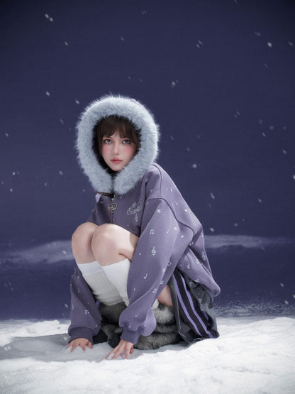Falling Sound Like Snow Sweet Cool Note Print Fleece Hooded Jacket Fur Collar【s0000014801】