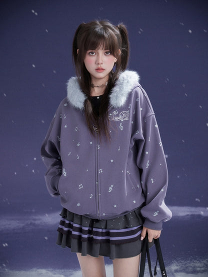 Falling Sound Like Snow Sweet Cool Note Print Fleece Hooded Jacket Fur Collar【s0000014801】