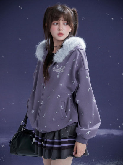 Falling Sound Like Snow Sweet Cool Note Print Fleece Hooded Jacket Fur Collar【s0000014801】