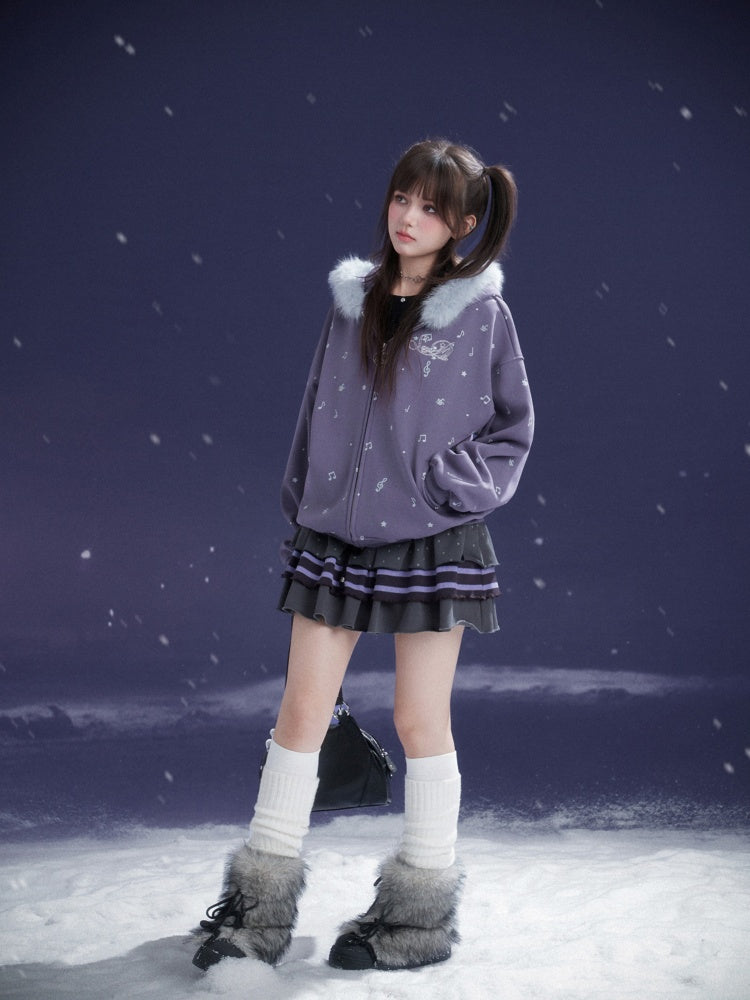 Falling Sound Like Snow Sweet Cool Note Print Fleece Hooded Jacket Fur Collar【s0000014801】