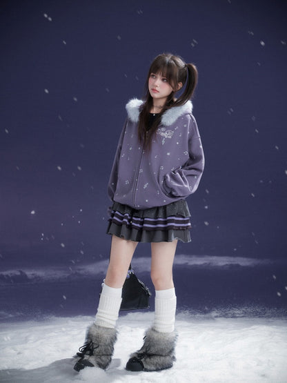 Falling Sound Like Snow Sweet Cool Note Print Fleece Hooded Jacket Fur Collar【s0000014801】
