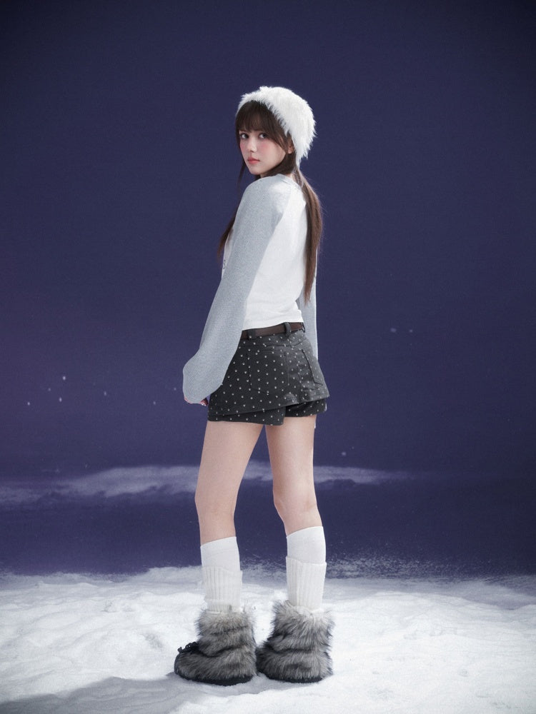 Puppy Foot Prints Double-Layer Corduroy Culotte Pants Fake Two-Piece Skirt【s0000014803】