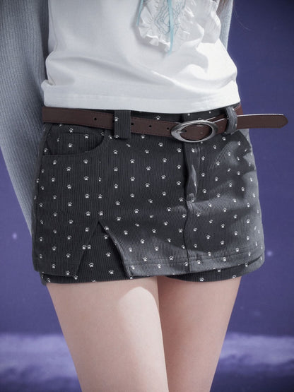 Puppy Foot Prints Double-Layer Corduroy Culotte Pants Fake Two-Piece Skirt【s0000014803】