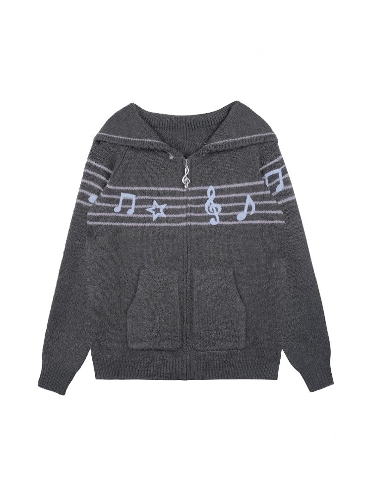 Sweet Cool Lapel Sheet Music Print Sweater Jacket Warm Knitwear【s0000014805】