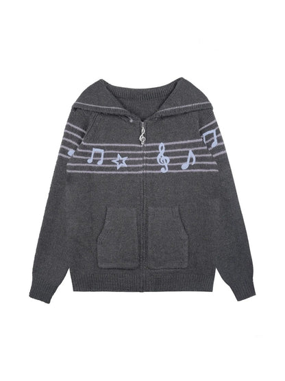 Sweet Cool Lapel Sheet Music Print Sweater Jacket Warm Knitwear【s0000014805】