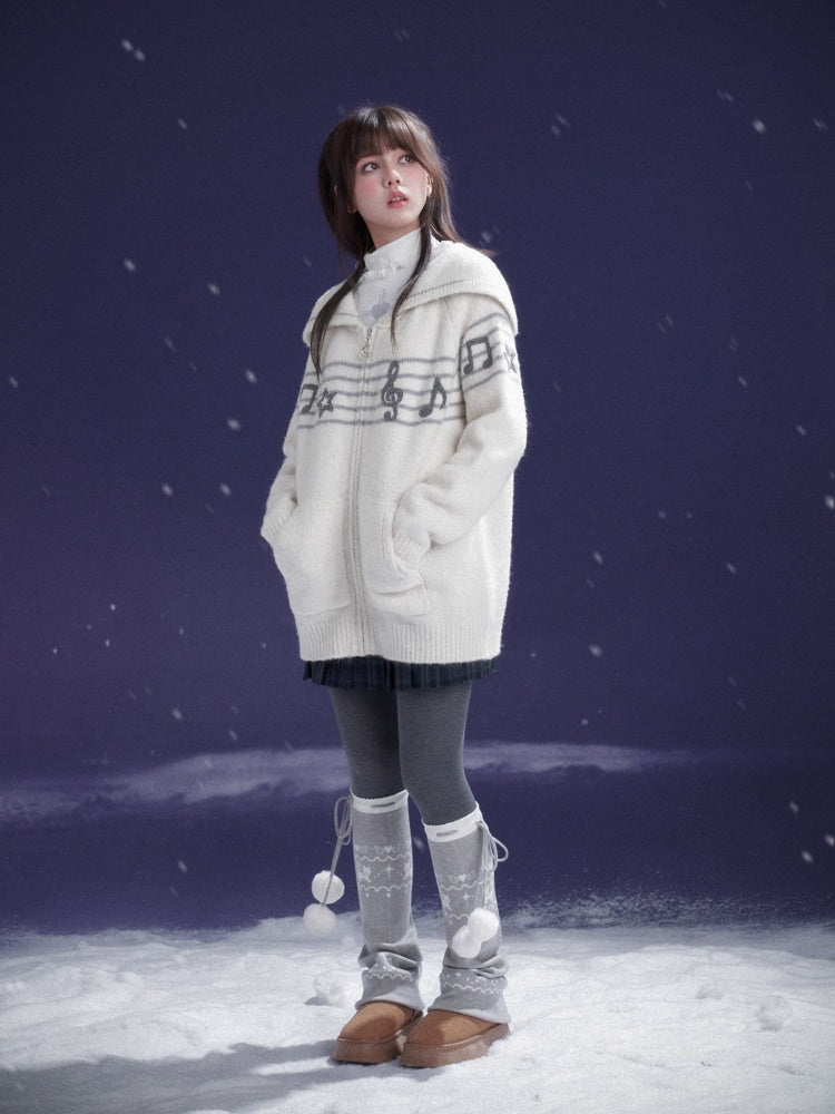 Sweet Cool Lapel Sheet Music Print Sweater Jacket Warm Knitwear【s0000014805】