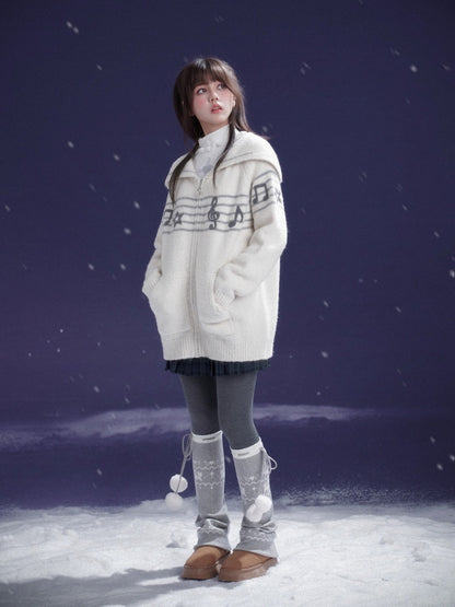 Sweet Cool Lapel Sheet Music Print Sweater Jacket Warm Knitwear【s0000014805】