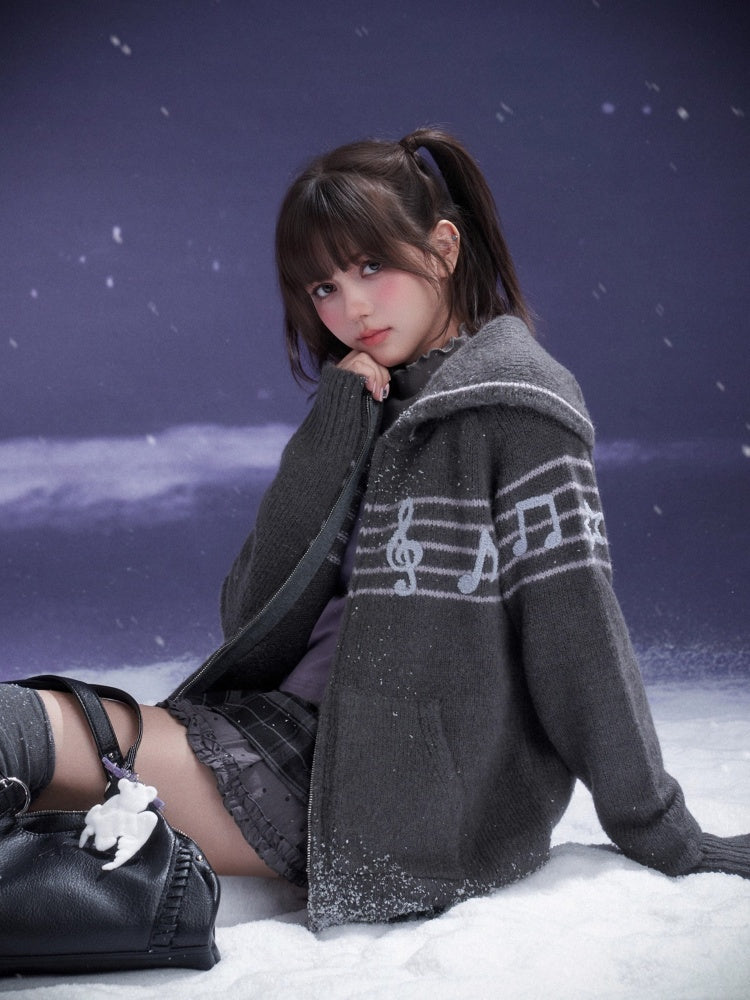 Sweet Cool Lapel Sheet Music Print Sweater Jacket Warm Knitwear【s0000014805】