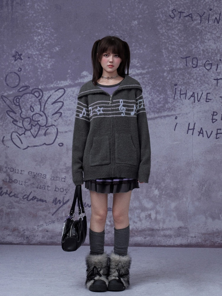 Sweet Cool Lapel Sheet Music Print Sweater Jacket Warm Knitwear【s0000014805】