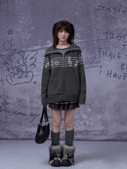 Sweet Cool Lapel Sheet Music Print Sweater Jacket Warm Knitwear【s0000014805】