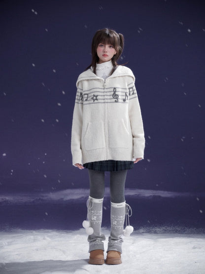 Sweet Cool Lapel Sheet Music Print Sweater Jacket Warm Knitwear【s0000014805】