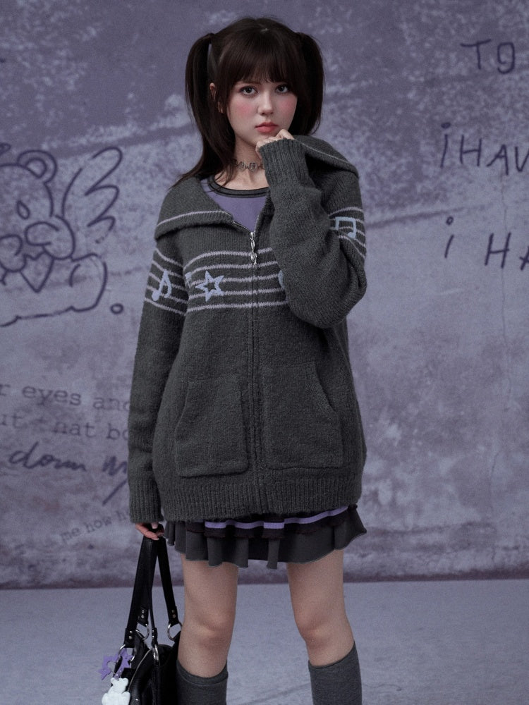 Sweet Cool Lapel Sheet Music Print Sweater Jacket Warm Knitwear【s0000014805】