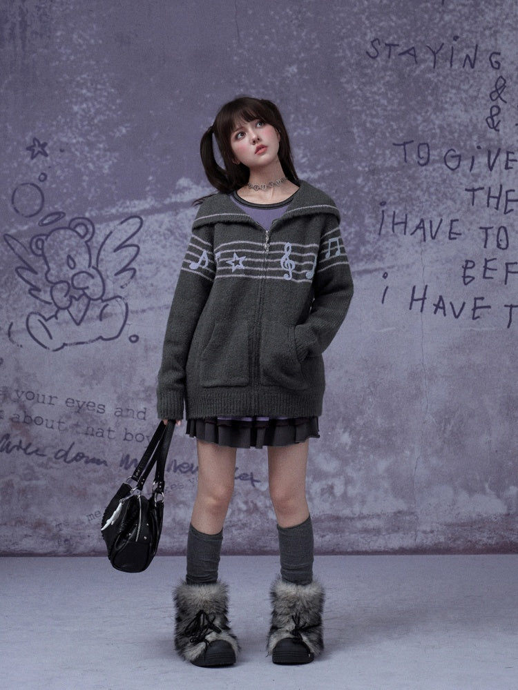 Sweet Cool Lapel Sheet Music Print Sweater Jacket Warm Knitwear【s0000014805】