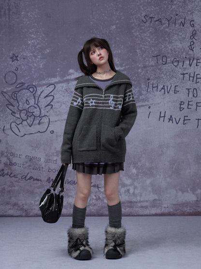 Sweet Cool Lapel Sheet Music Print Sweater Jacket Warm Knitwear【s0000014805】