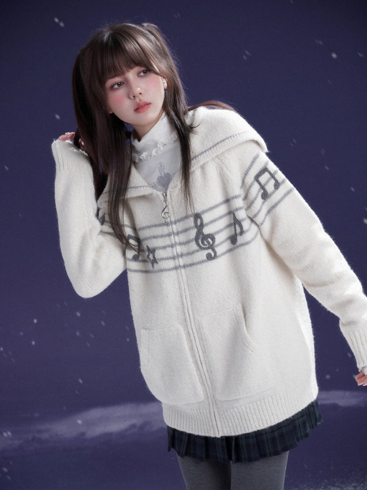 Sweet Cool Lapel Sheet Music Print Sweater Jacket Warm Knitwear【s0000014805】