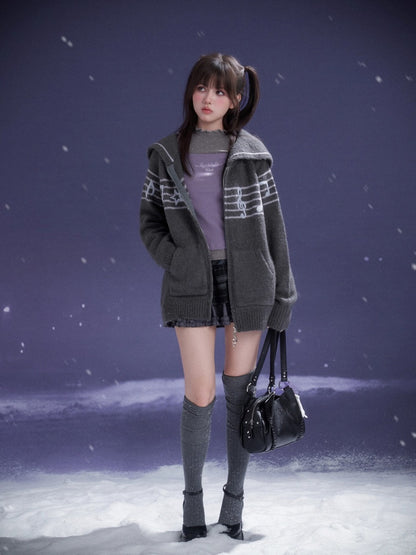Sweet Cool Lapel Sheet Music Print Sweater Jacket Warm Knitwear【s0000014805】