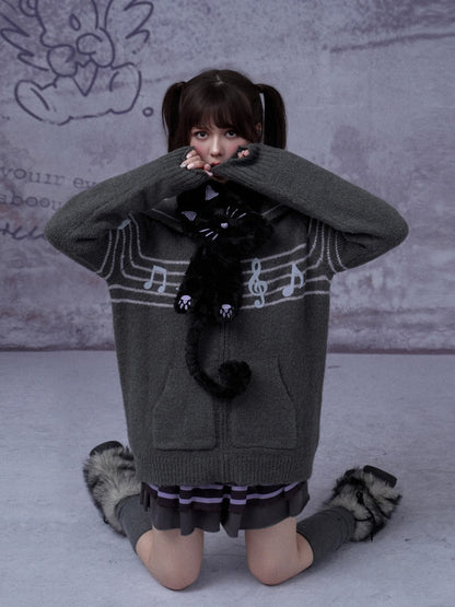 Sweet Cool Lapel Sheet Music Print Sweater Jacket Warm Knitwear【s0000014805】