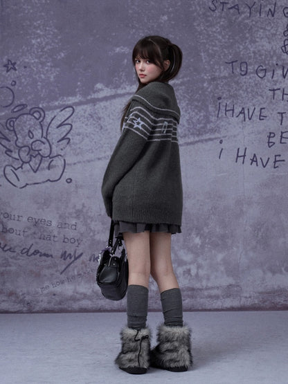 Sweet Cool Lapel Sheet Music Print Sweater Jacket Warm Knitwear【s0000014805】