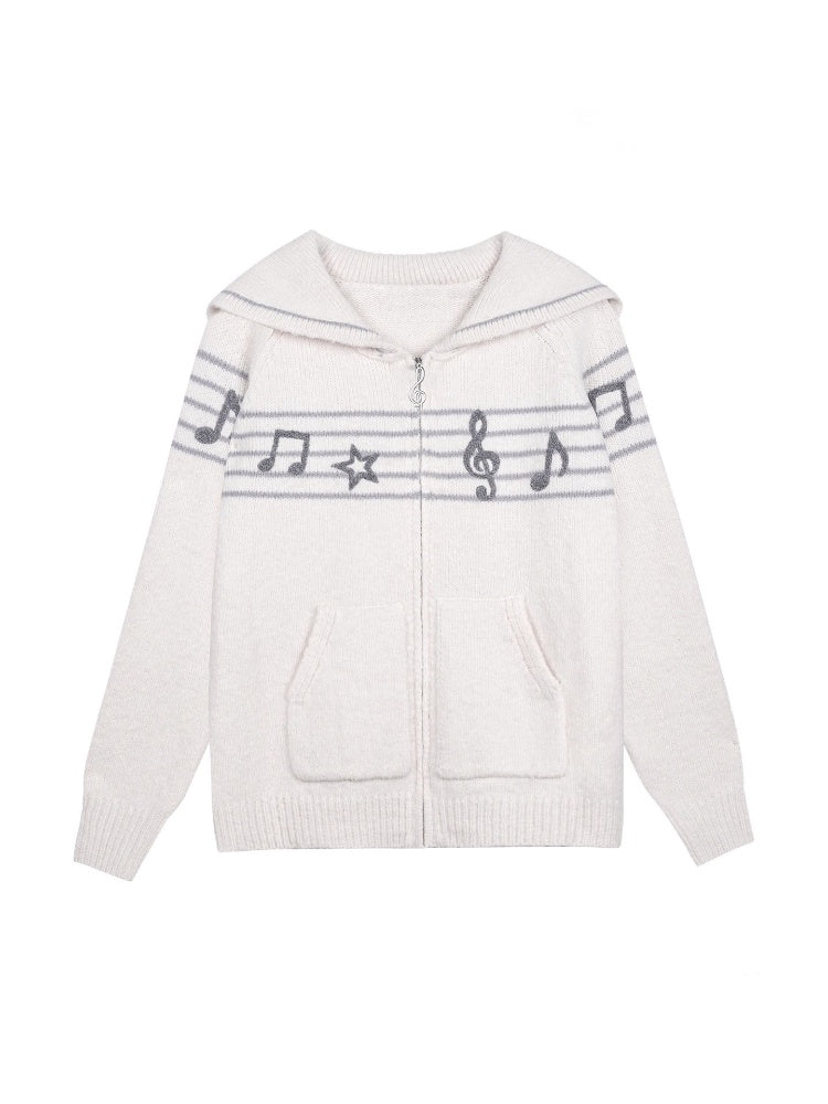 Sweet Cool Lapel Sheet Music Print Sweater Jacket Warm Knitwear【s0000014805】