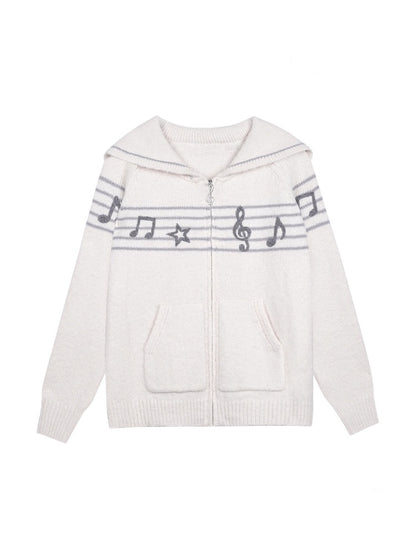 Sweet Cool Lapel Sheet Music Print Sweater Jacket Warm Knitwear【s0000014805】