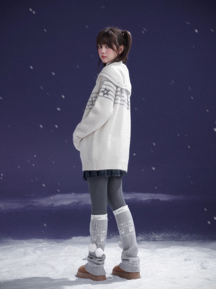 Sweet Cool Lapel Sheet Music Print Sweater Jacket Warm Knitwear【s0000014805】