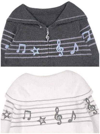 Sweet Cool Lapel Sheet Music Print Sweater Jacket Warm Knitwear【s0000014805】