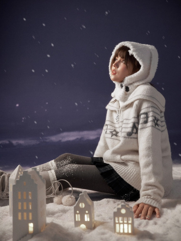 Sweet Cool Lapel Sheet Music Print Sweater Jacket Warm Knitwear【s0000014805】