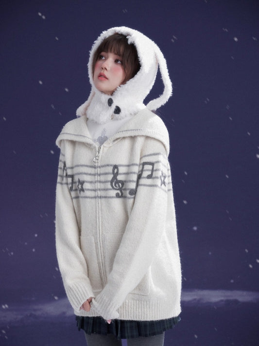 Sweet Cool Lapel Sheet Music Print Sweater Jacket Warm Knitwear【s0000014805】