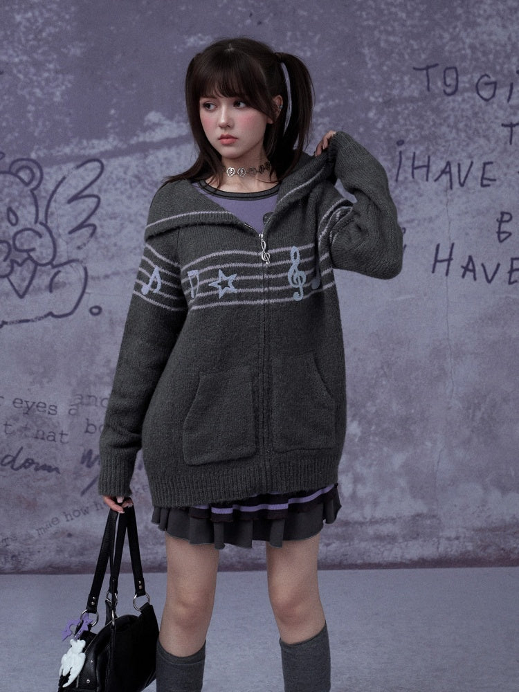 Sweet Cool Lapel Sheet Music Print Sweater Jacket Warm Knitwear【s0000014805】