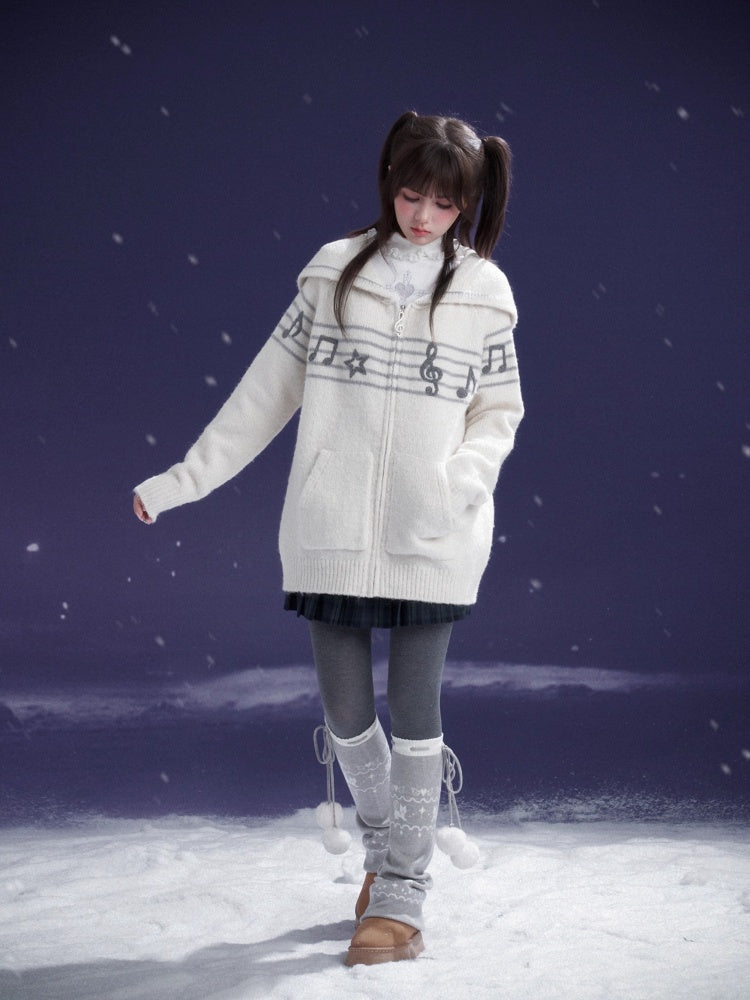 Sweet Cool Lapel Sheet Music Print Sweater Jacket Warm Knitwear【s0000014805】