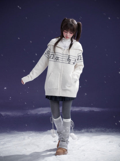 Sweet Cool Lapel Sheet Music Print Sweater Jacket Warm Knitwear【s0000014805】