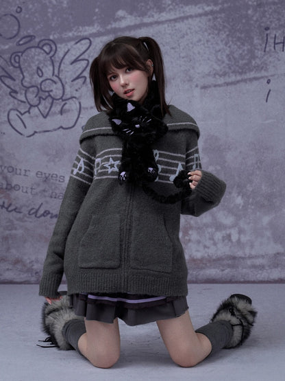 Sweet Cool Lapel Sheet Music Print Sweater Jacket Warm Knitwear【s0000014805】