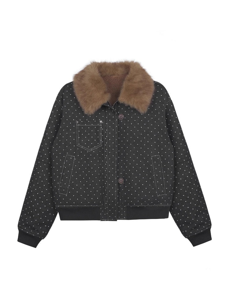 Detachable Fur Collar Polka Dot Fleece Thickened Warm Jacket【s0000014810】