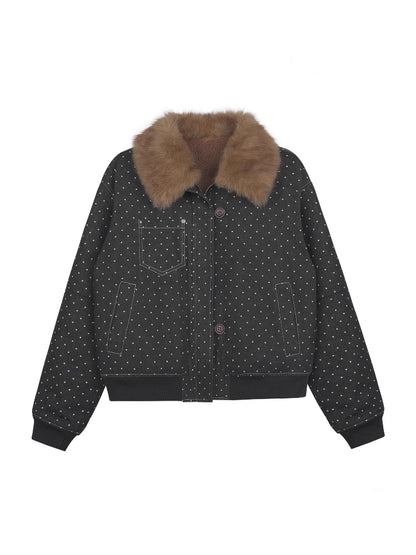 Detachable Fur Collar Polka Dot Fleece Thickened Warm Jacket【s0000014810】