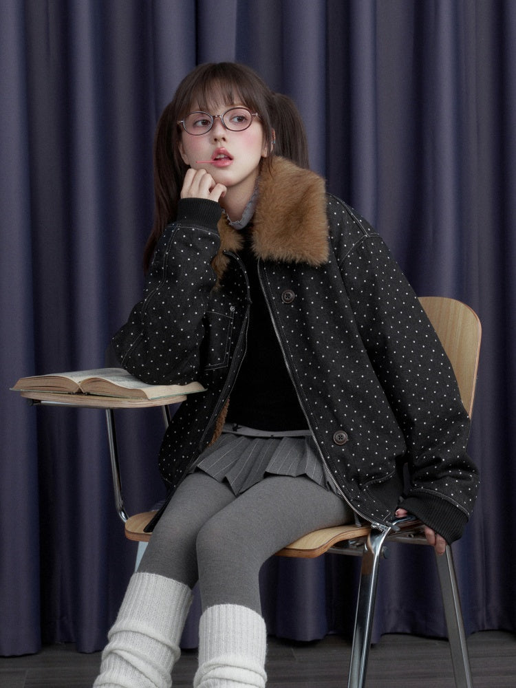 Detachable Fur Collar Polka Dot Fleece Thickened Warm Jacket【s0000014810】
