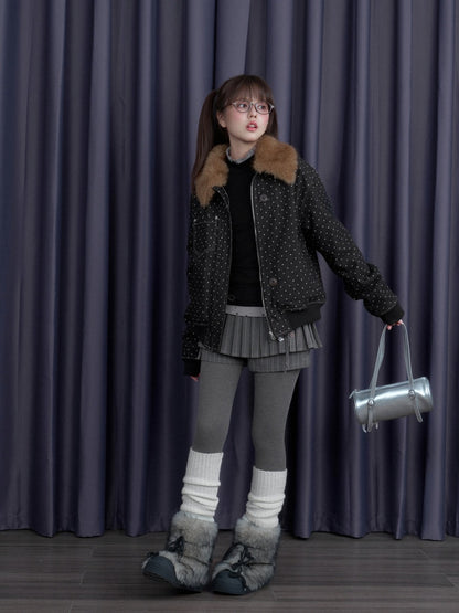Detachable Fur Collar Polka Dot Fleece Thickened Warm Jacket【s0000014810】