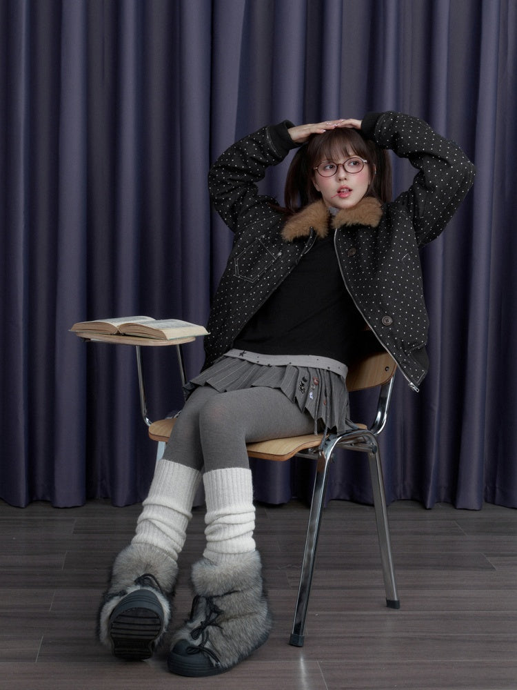 Detachable Fur Collar Polka Dot Fleece Thickened Warm Jacket【s0000014810】