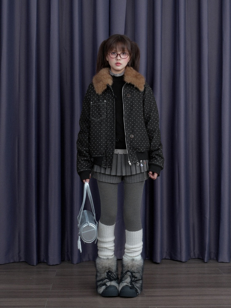 Detachable Fur Collar Polka Dot Fleece Thickened Warm Jacket【s0000014810】