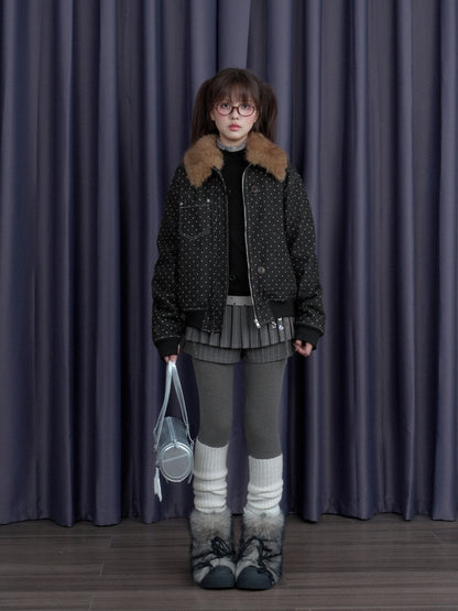 Detachable Fur Collar Polka Dot Fleece Thickened Warm Jacket【s0000014810】