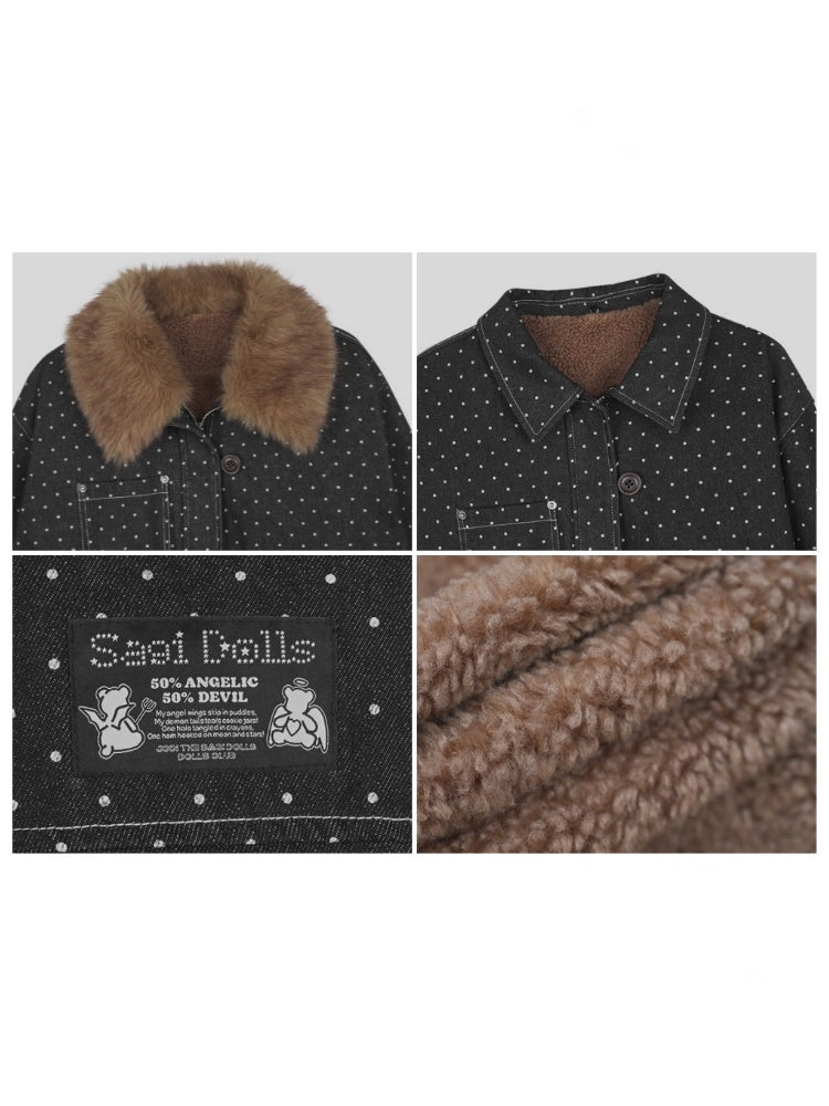 Detachable Fur Collar Polka Dot Fleece Thickened Warm Jacket【s0000014810】
