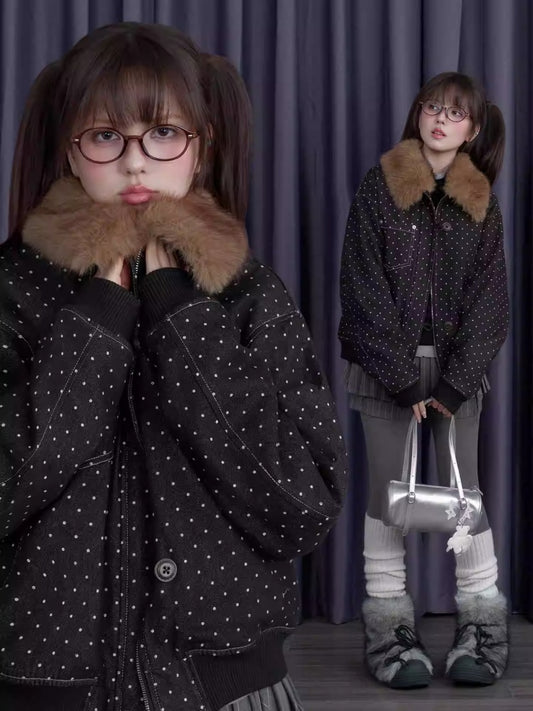 Detachable Fur Collar Polka Dot Fleece Thickened Warm Jacket【s0000014810】