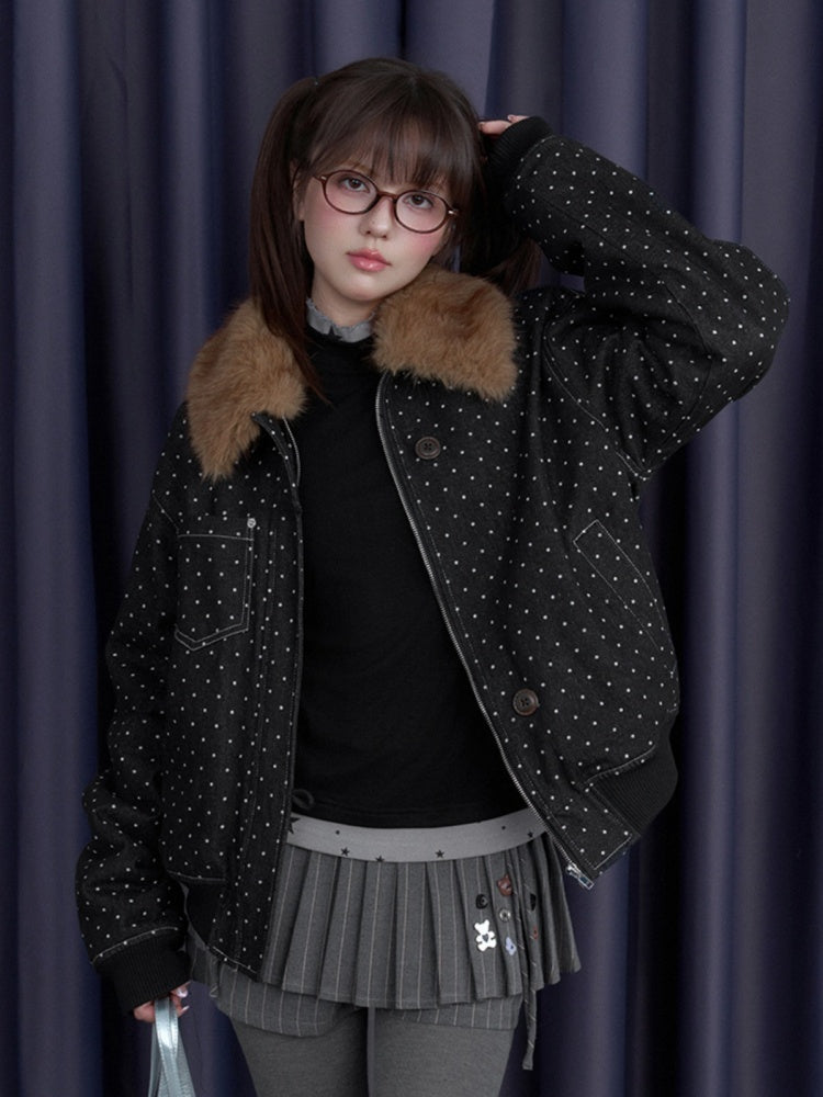 Detachable Fur Collar Polka Dot Fleece Thickened Warm Jacket【s0000014810】